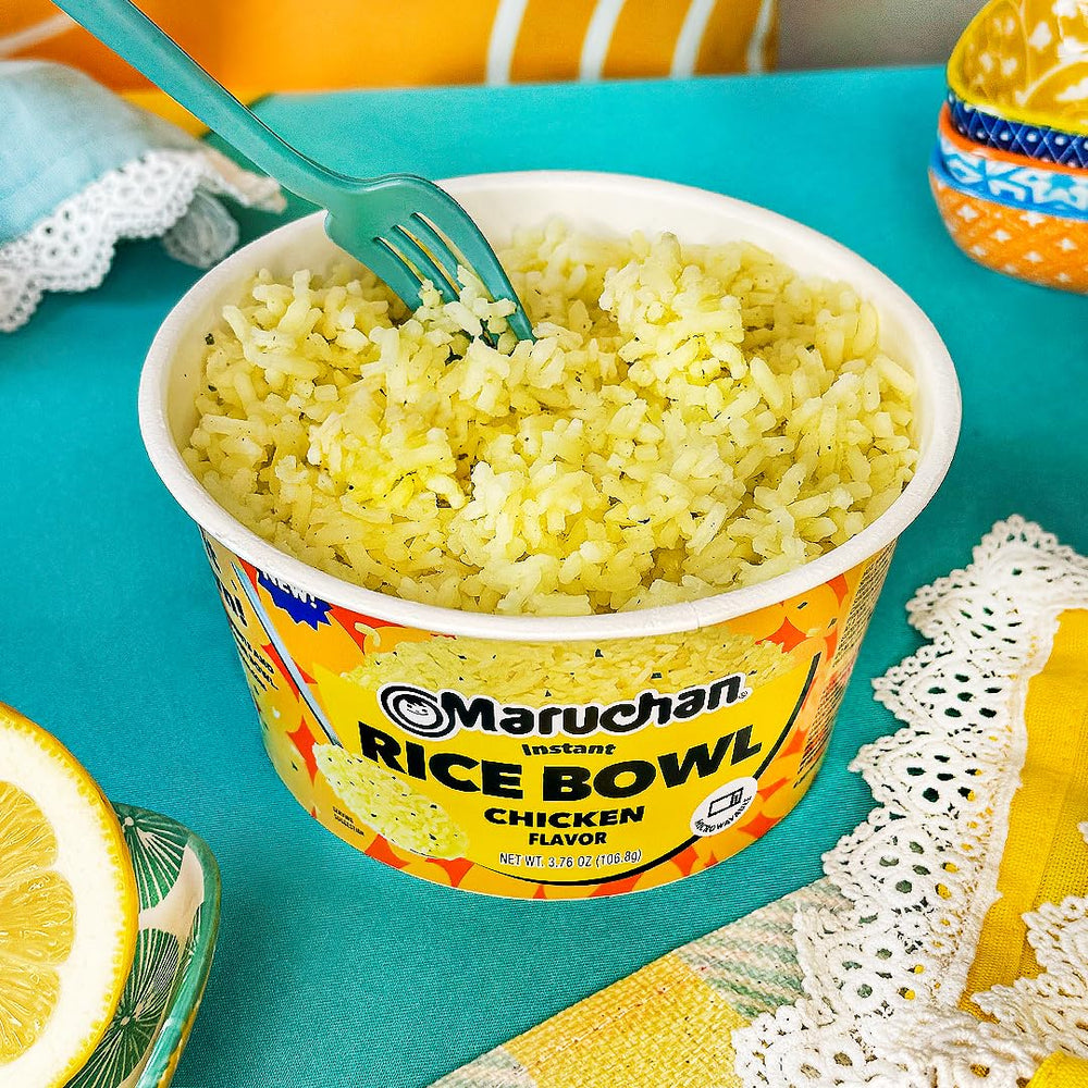Maruchan microwavable chicken rice bowl on-the-go illustrates portability.