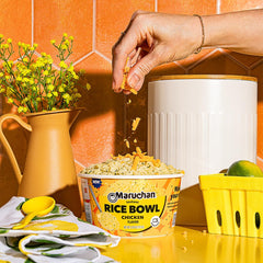 Maruchan microwavable chicken rice bowl served in bowl for easy meals.