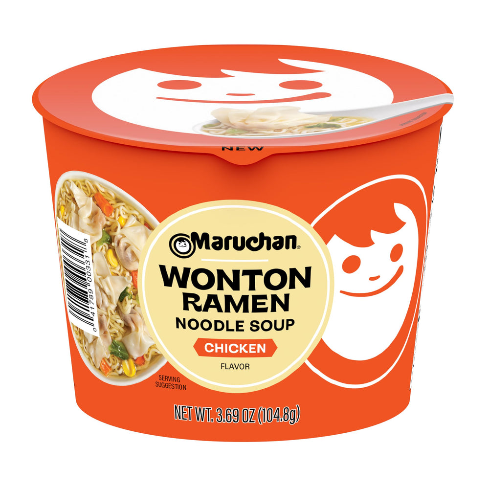 Maruchan Microwavable Wonton Bowl chicken flavor close view of wontons on noodles demonstrating a quick meal