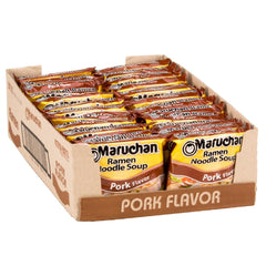 Maruchan Pork Ramen 24-pack front view offering quick meals.
