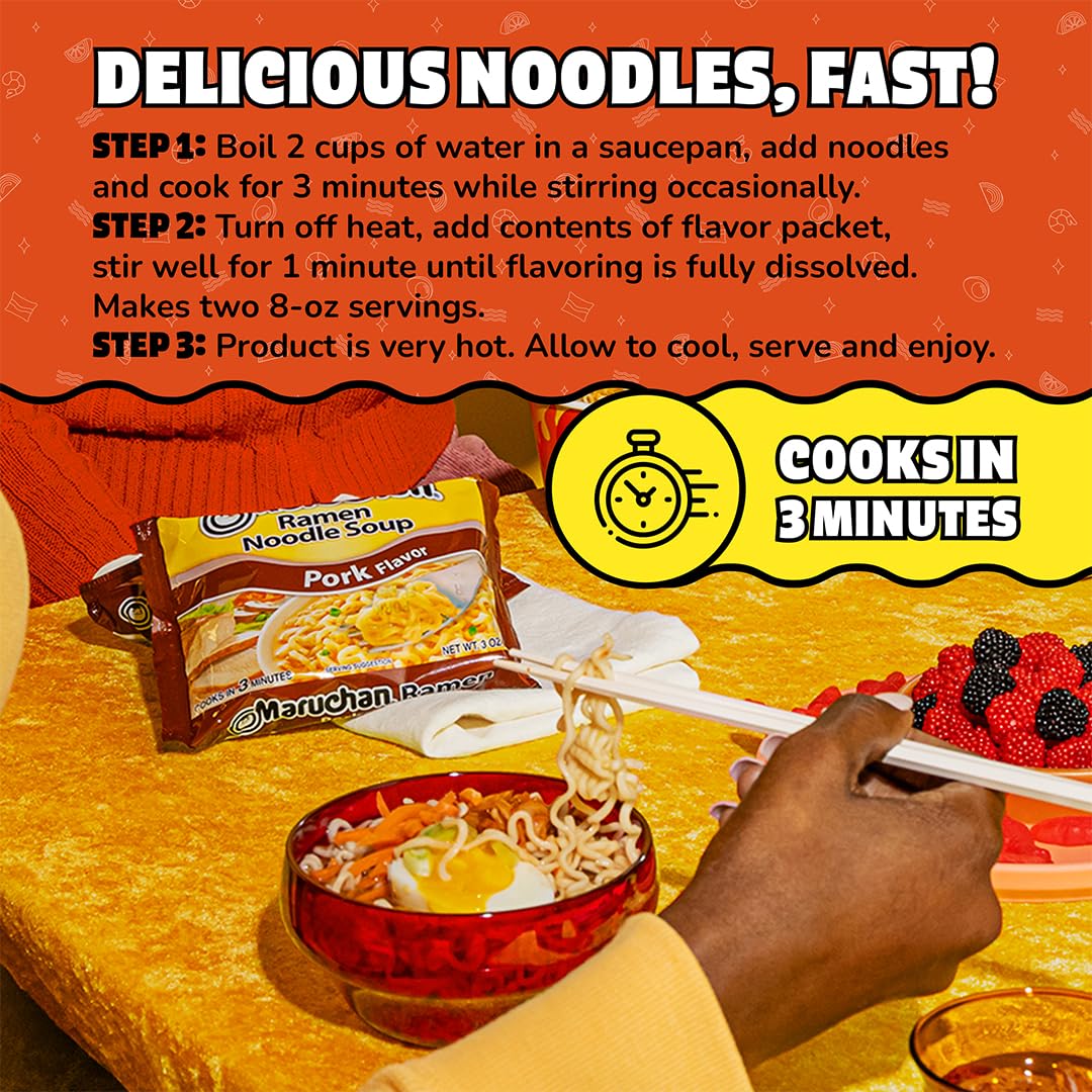Display of Maruchan Pork Ramen variety packs and flavors.