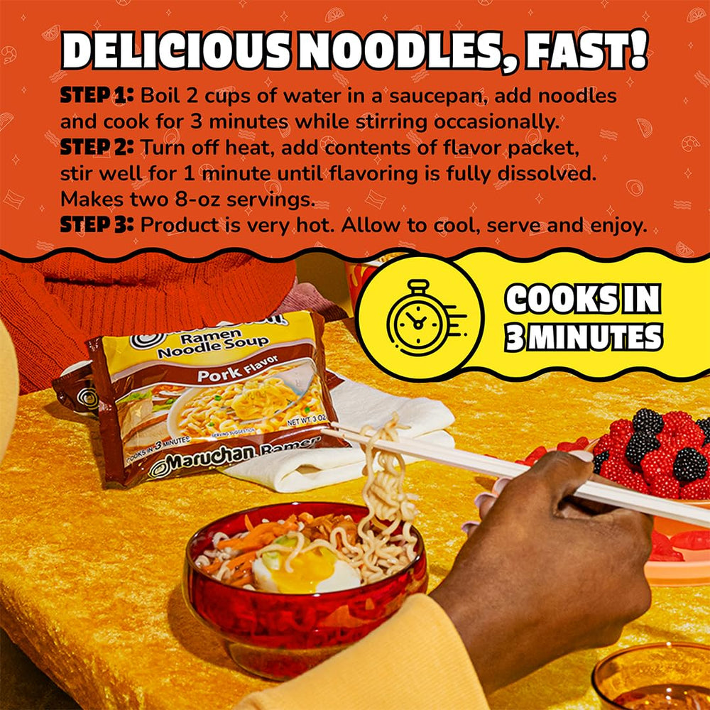 Display of Maruchan Pork Ramen variety packs and flavors.