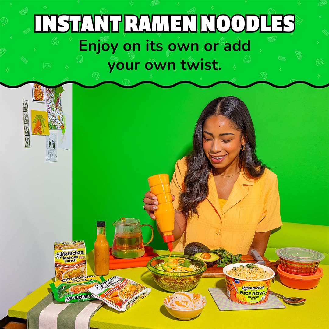 Maruchan Ramen Picante Chicken prepared bowl, steam rising, ready for a quick meal.