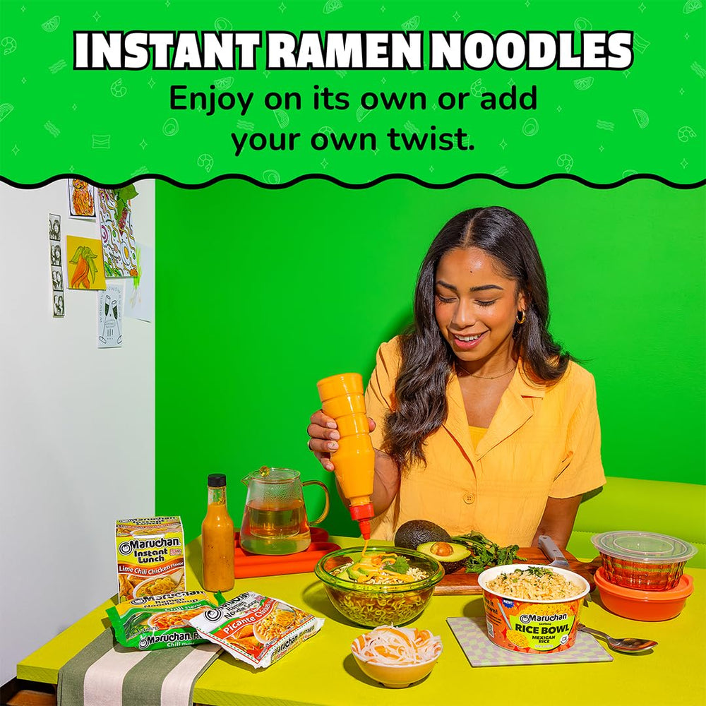 Maruchan Ramen Picante Chicken prepared bowl, steam rising, ready for a quick meal.