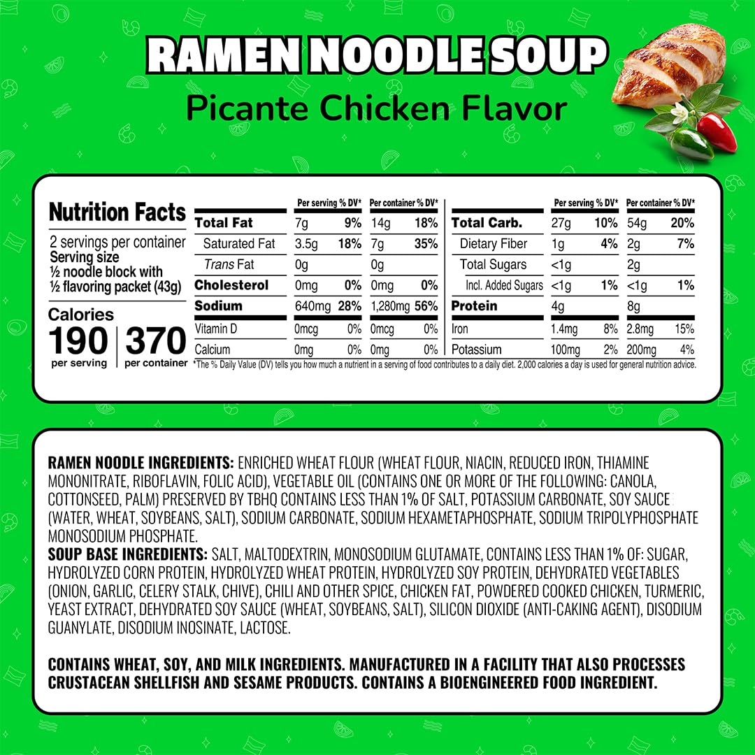 Maruchan Ramen Picante Chicken dried noodles ready to simmer into a hot bowl.