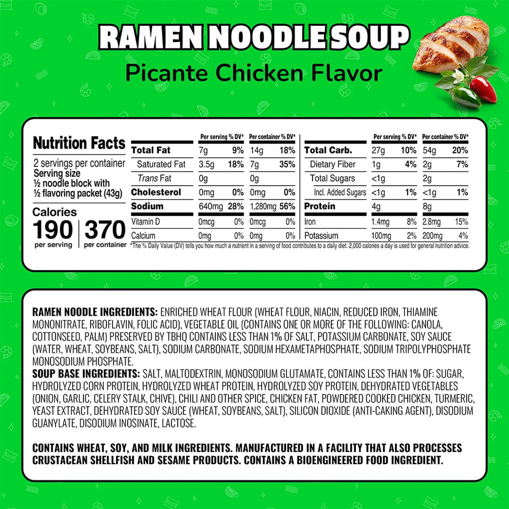 Maruchan Ramen Picante Chicken dried noodles ready to simmer into a hot bowl.