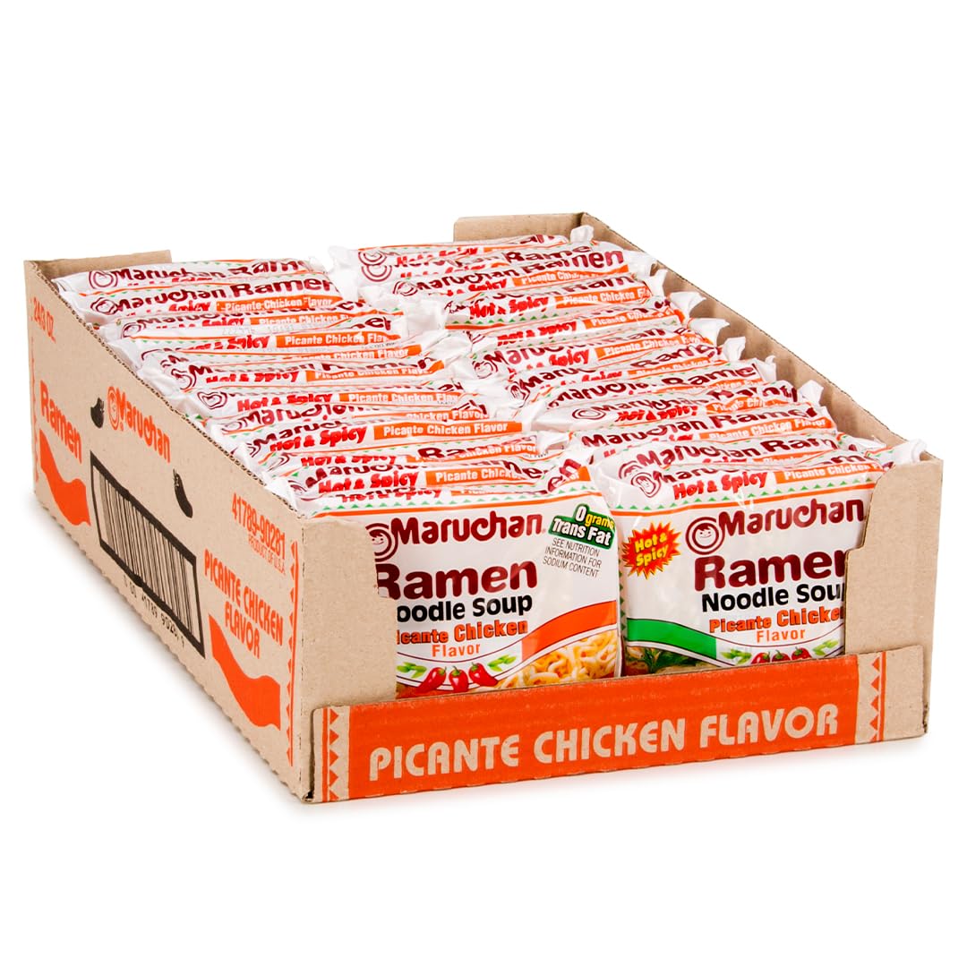 Maruchan Ramen Picante Chicken packaging, easy pantry staple for quick meals.