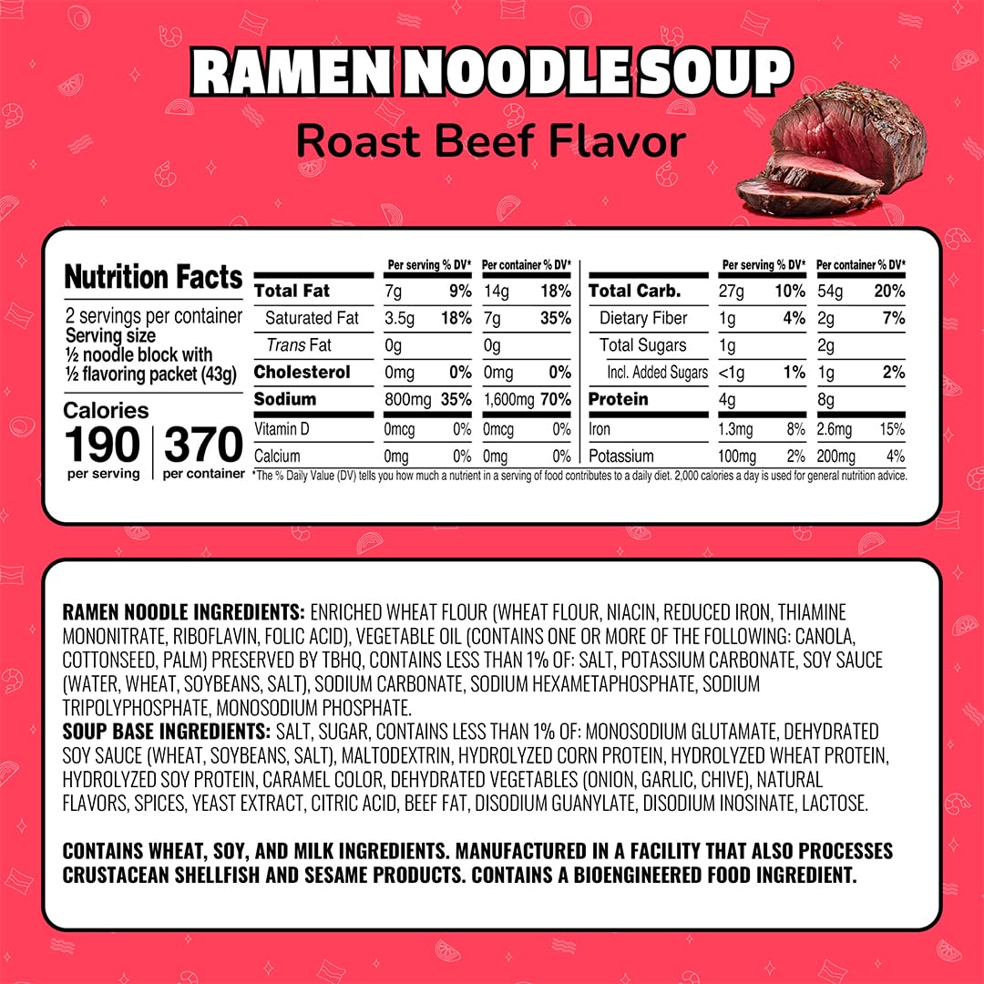 Maruchan Roast Beef Ramen 24-pack box on shelf for convenient bulk.