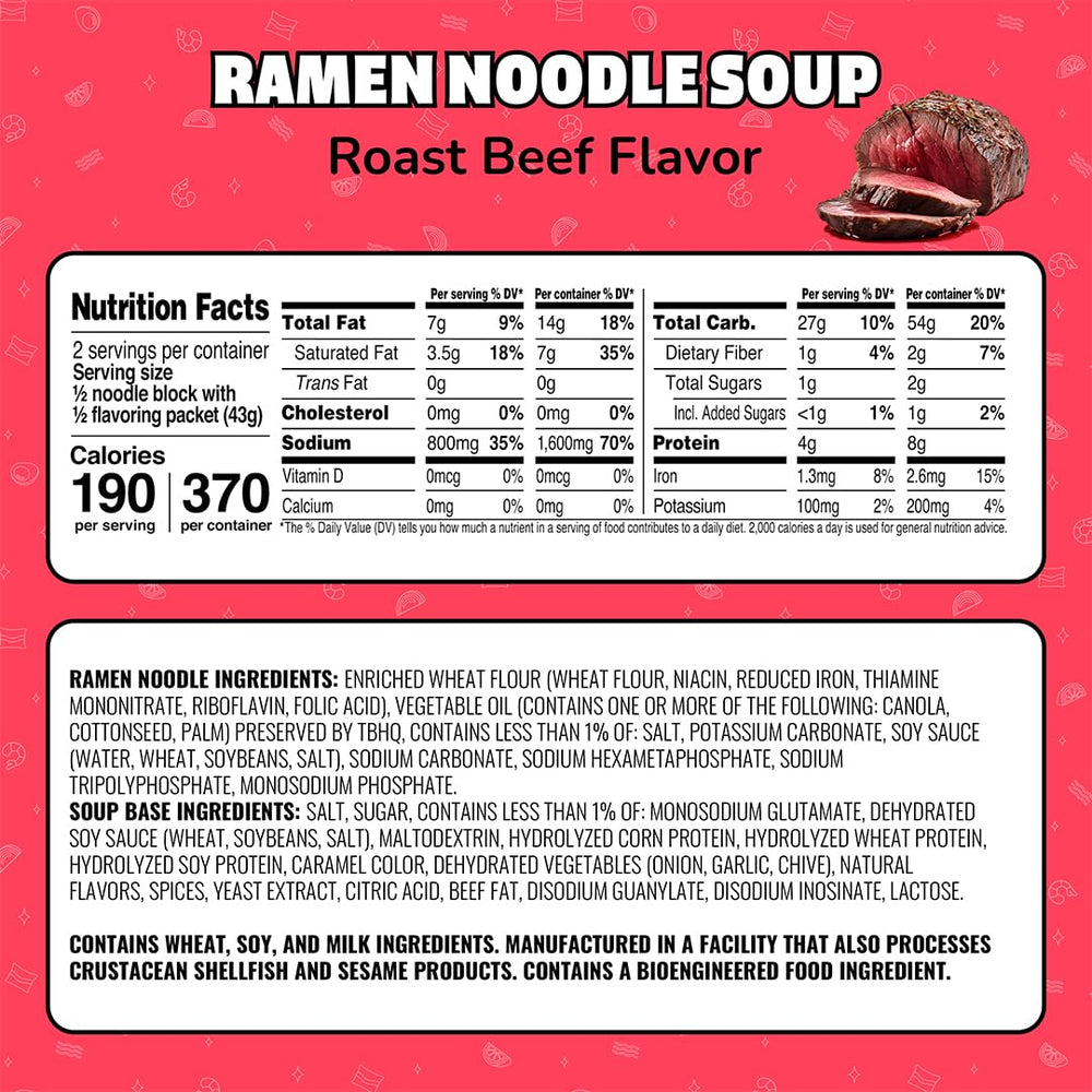 Maruchan Roast Beef Ramen 24-pack box on shelf for convenient bulk.