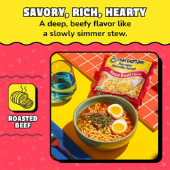 Maruchan Roast Beef Ramen pot with boiling water, ready in minutes.