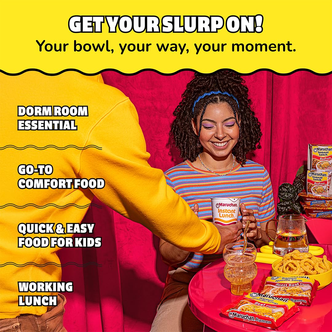 Maruchan Roast Beef Ramen cup on desk, ideal dorm snack.