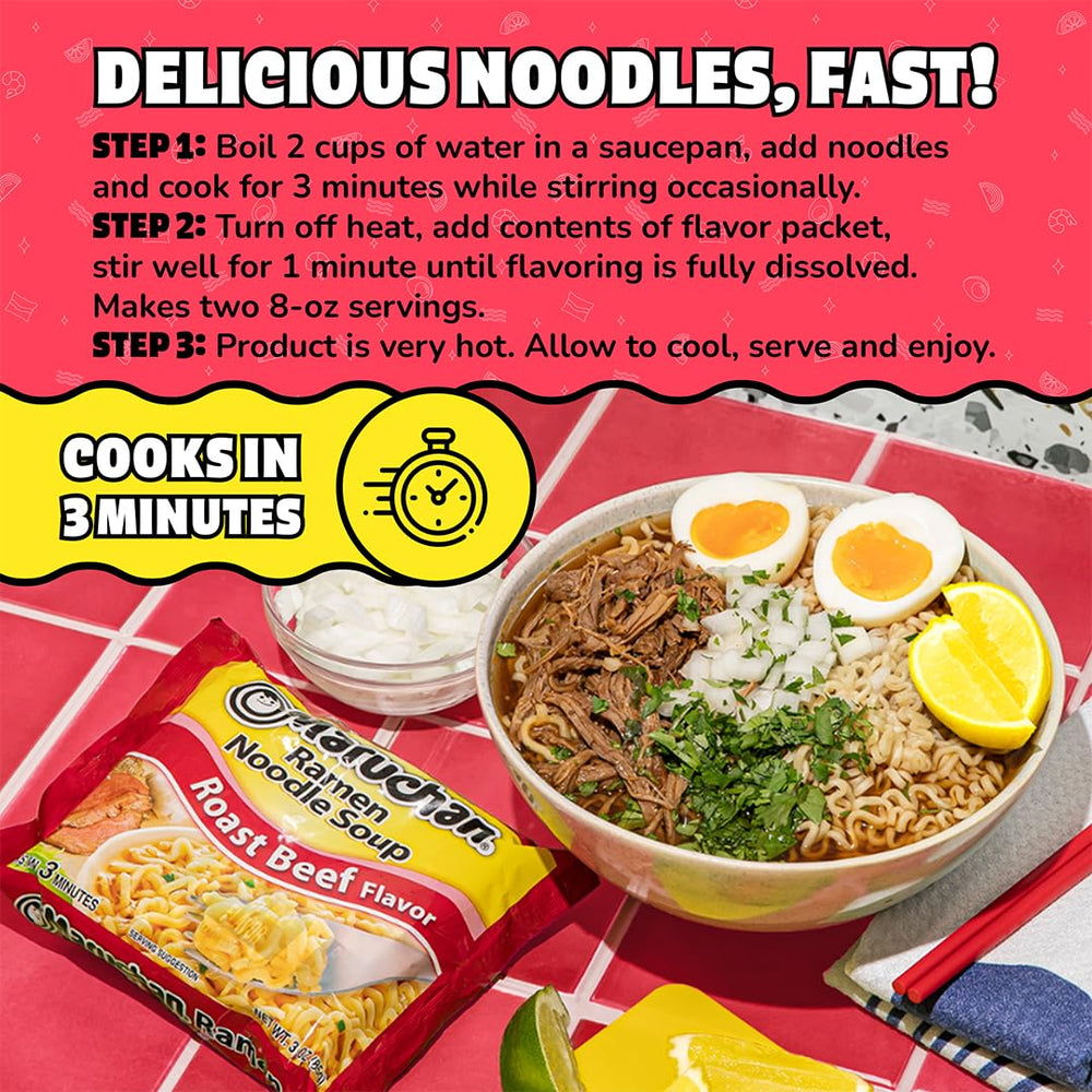 Maruchan Roast Beef Ramen finished bowl, steaming comfort for a quick meal.
