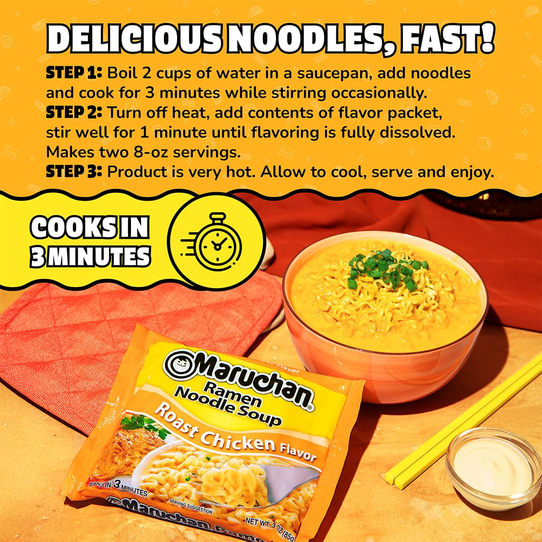 Maruchan Roast Chicken broth swirls for comforting, quick nourishment.