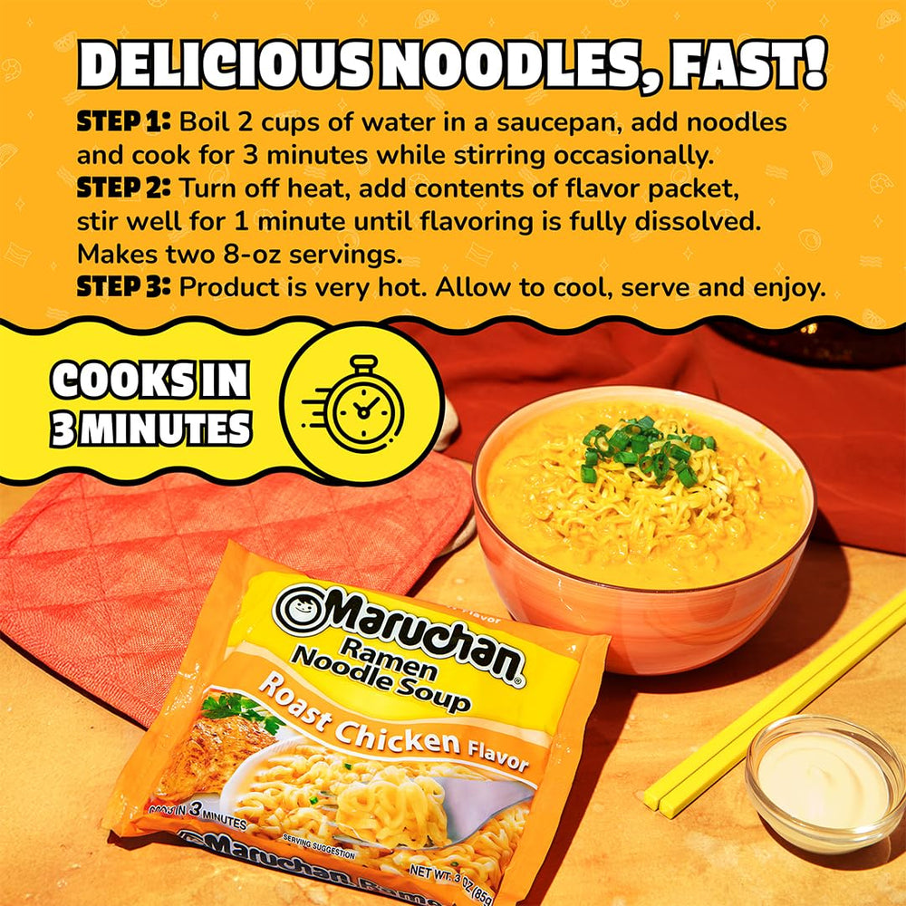 Maruchan Roast Chicken broth swirls for comforting, quick nourishment.
