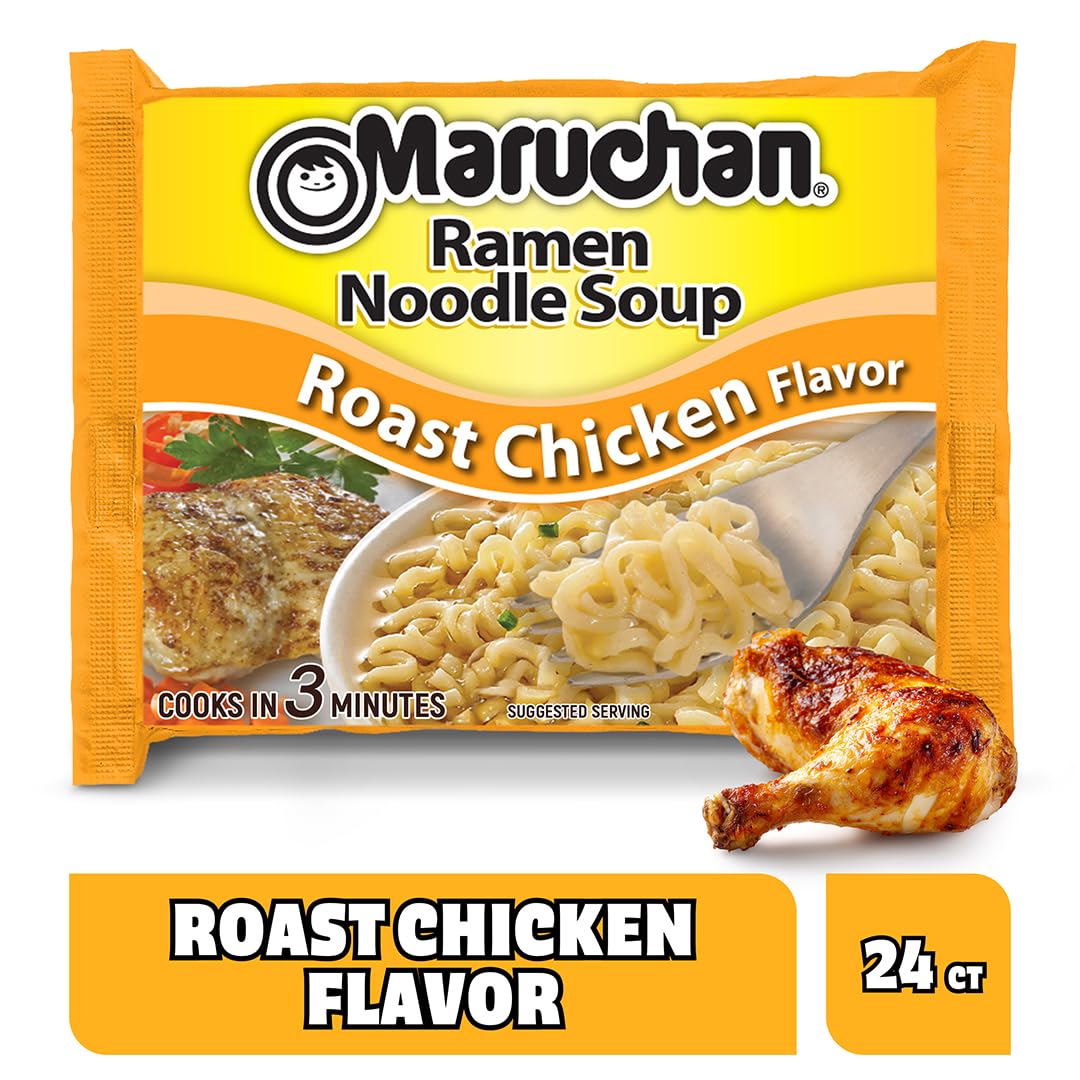 Maruchan Roast Chicken packaging shows budget-friendly, fast meal option.