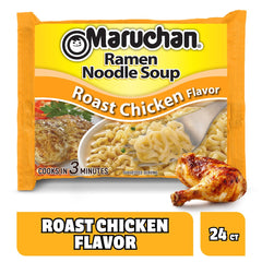 Maruchan Roast Chicken packaging shows budget-friendly, fast meal option.