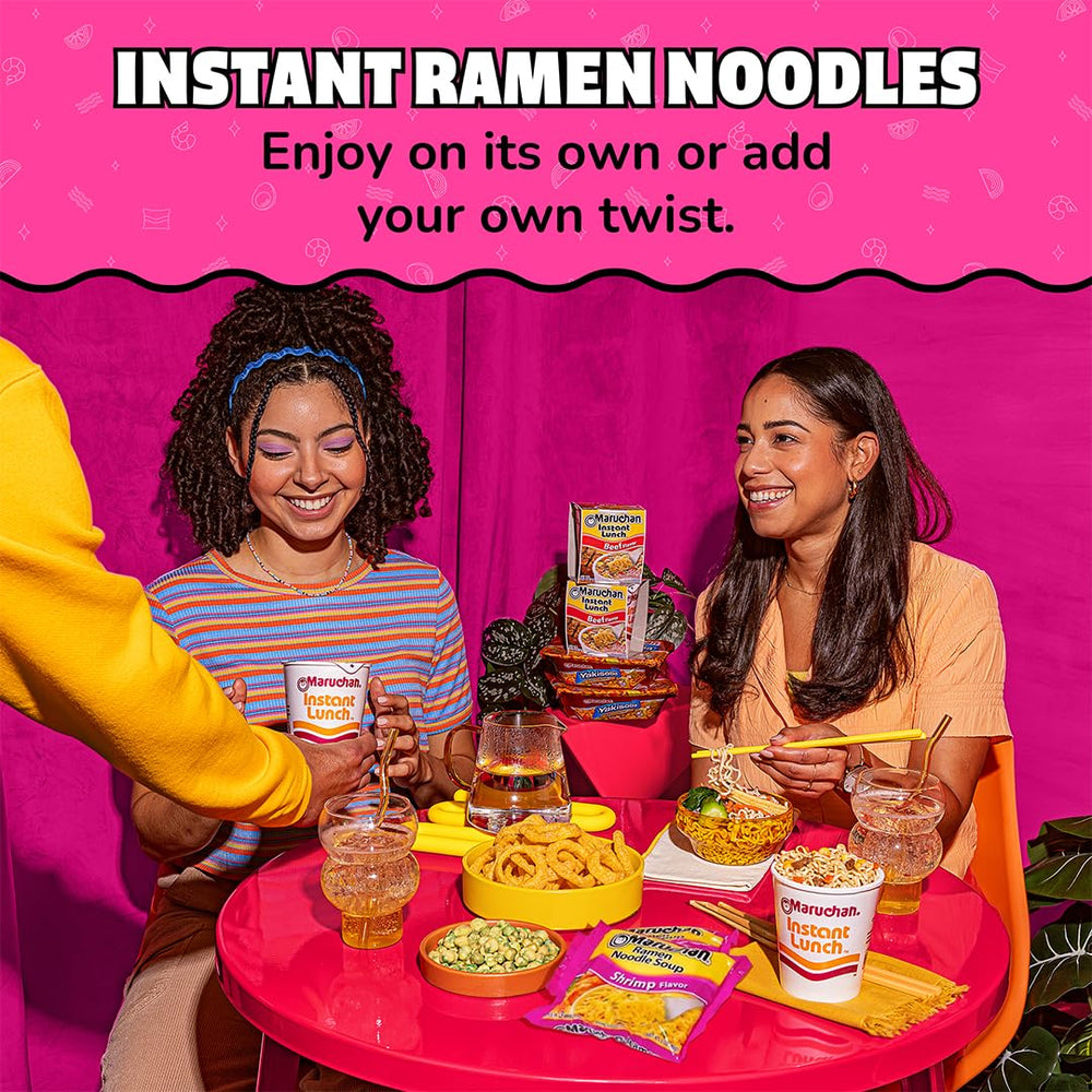 Maruchan Shrimp Ramen box close up on kitchen counter