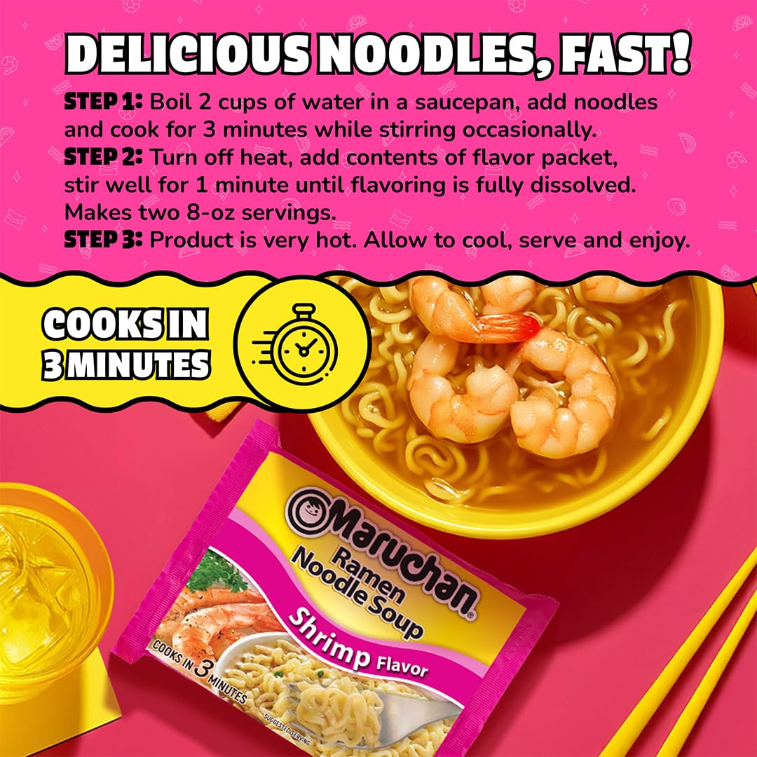 Maruchan Shrimp Ramen in a dorm setup, ideal late night study snack