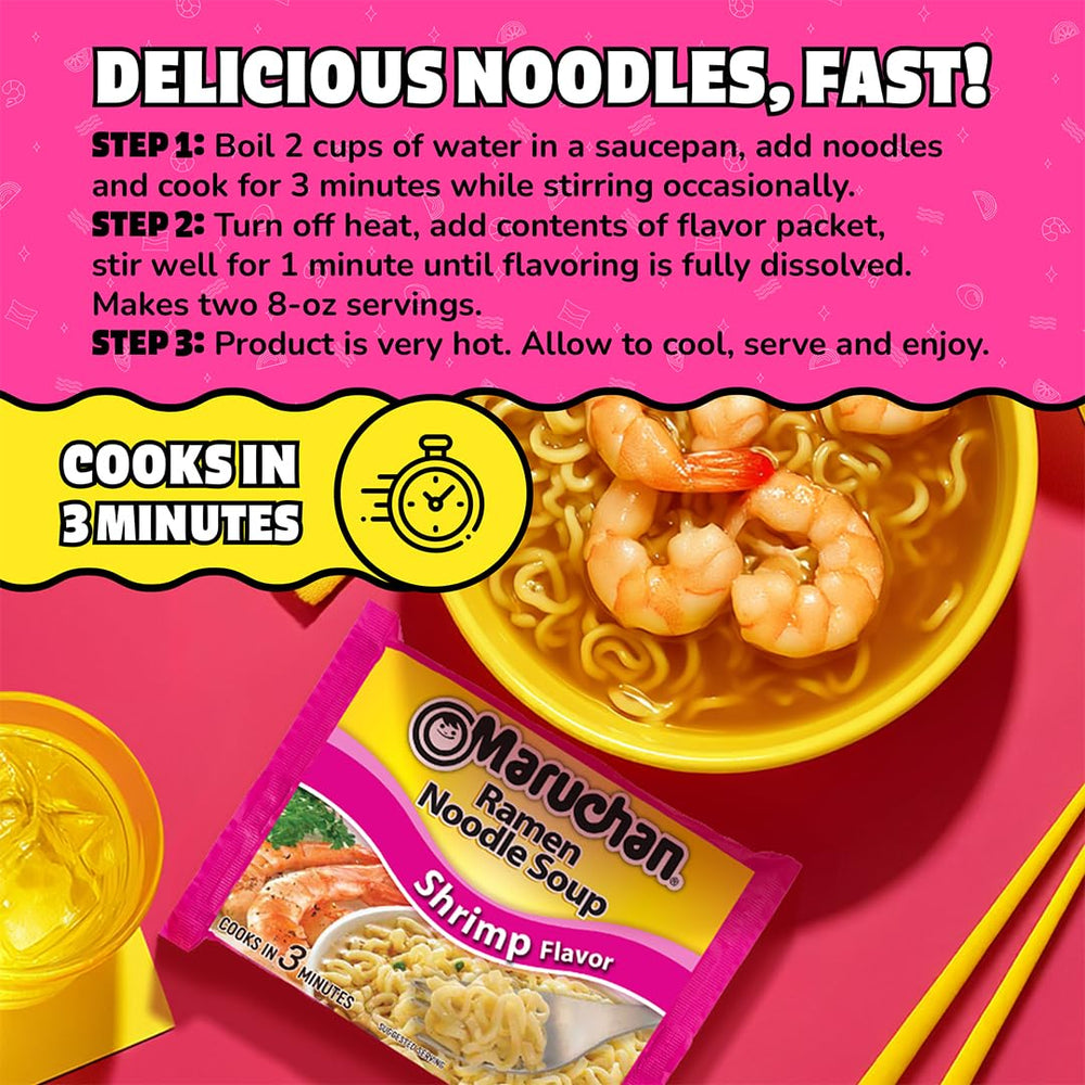 Maruchan Shrimp Ramen in a dorm setup, ideal late night study snack