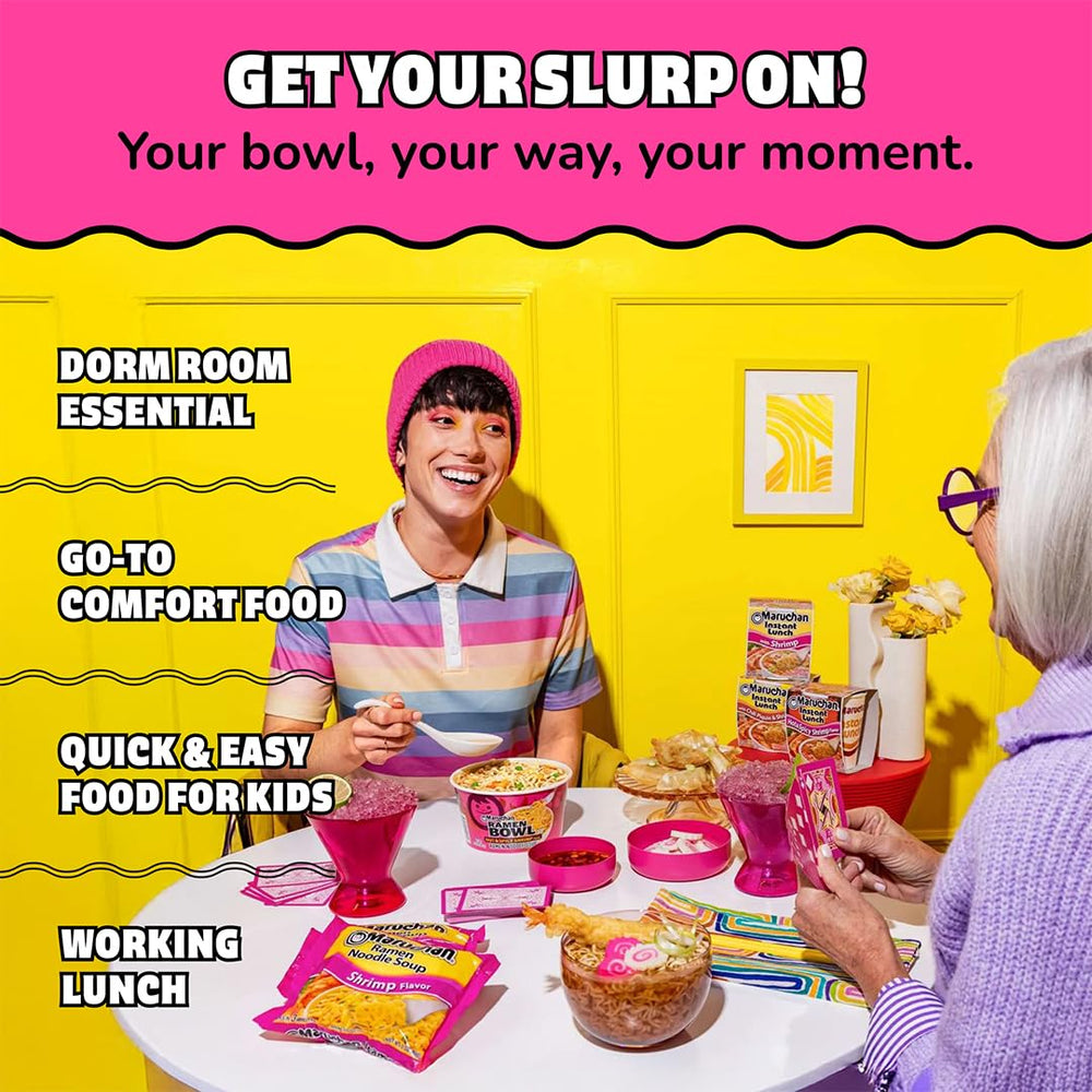 Maruchan Shrimp Ramen family dinner table setting with bowls