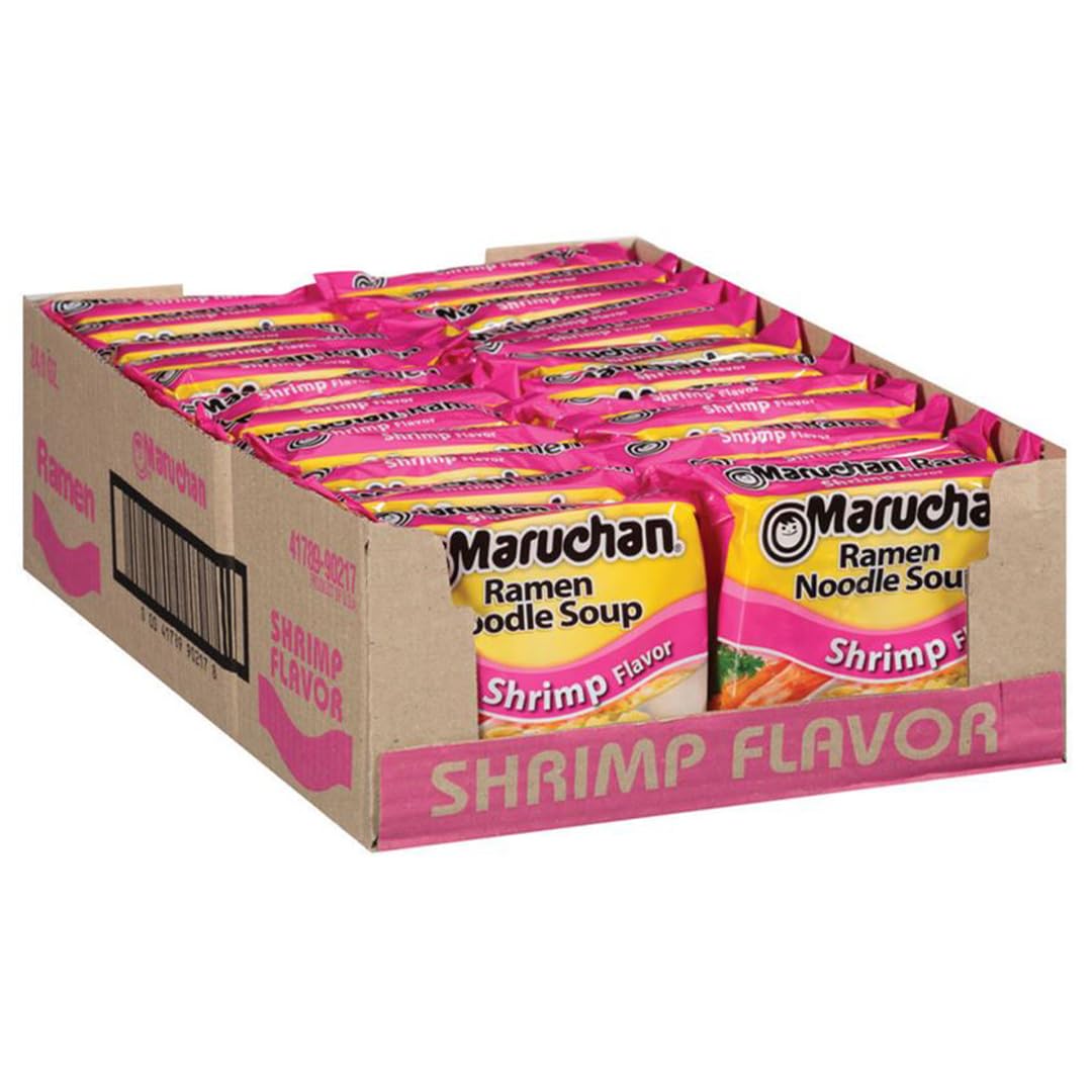 Maruchan Shrimp Ramen pack front, convenient 24-pack for quick meals