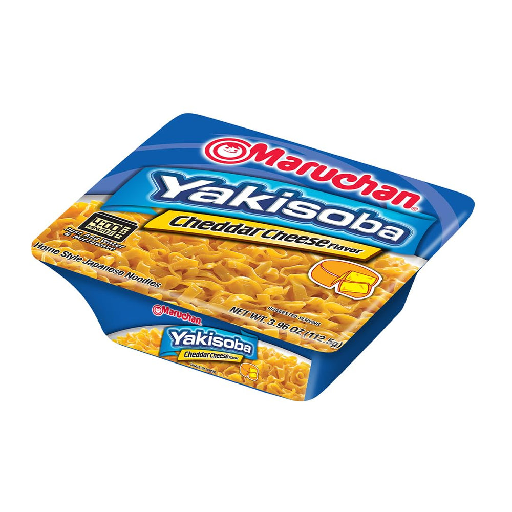 Maruchan Yakisoba Cheddar cheese swirls in a serving cup, bold bite
