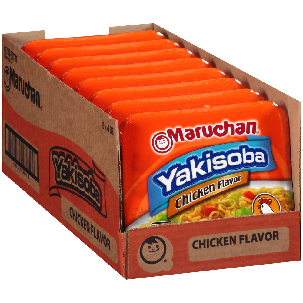 Maruchan Yakisoba Chicken pack tray ready for microwave, convenient for busy evenings.