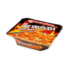 Maruchan Yakisoba Fire Spicy Beef noodles close-up highlights bold, spicy beef flavor.