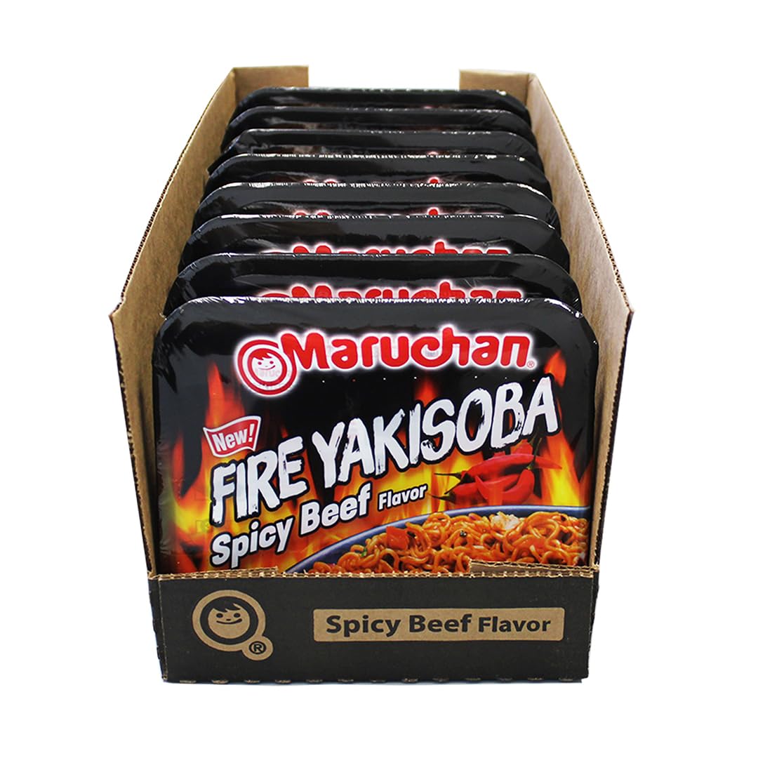Maruchan Yakisoba Fire Spicy Beef tray assembly shows quick, hot meal ready in minutes.
