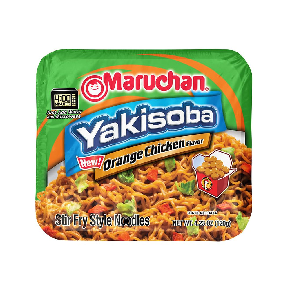Maruchan Yakisoba Orange Chicken noodles plated with vegetables for customization.