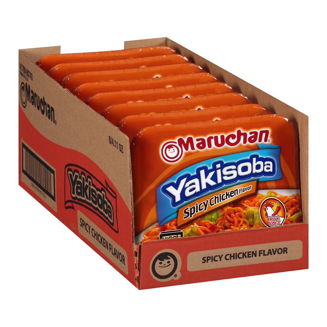 Maruchan Yakisoba spicy chicken noodles in a microwave tray for quick meals.