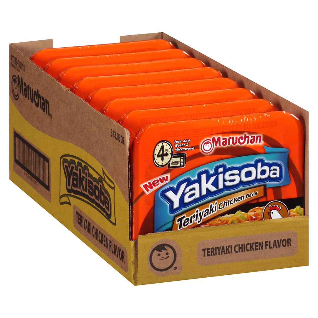 Maruchan Yakisoba Teriyaki Chicken pack-front, ready-to-heat tray for quick weeknight meals.