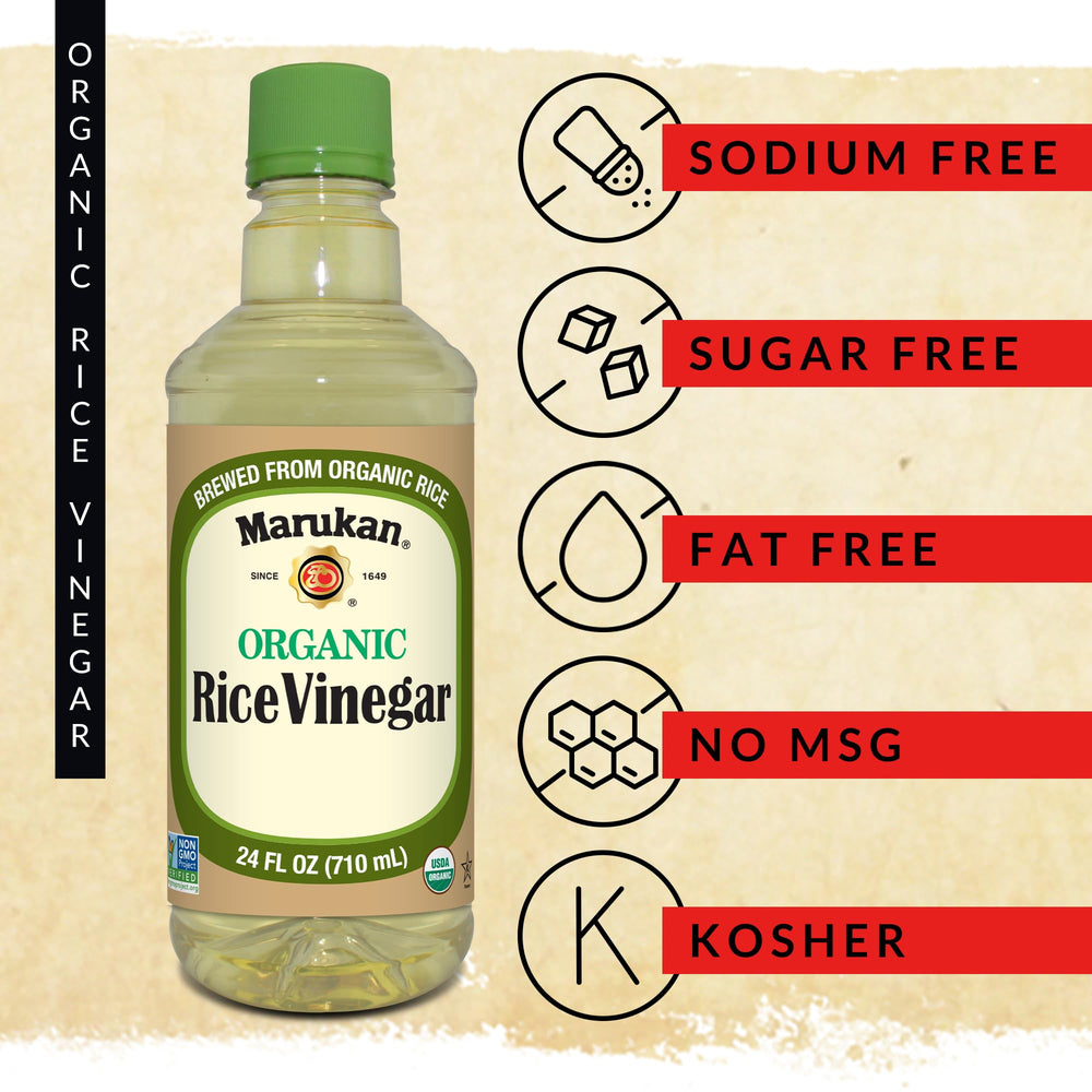 Closeup of Marukan Organic Rice Vinegar label showing organic certification and pure ingredients.