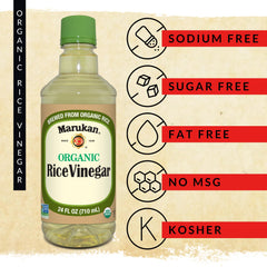 Closeup of Marukan Organic Rice Vinegar label showing organic certification and pure ingredients.