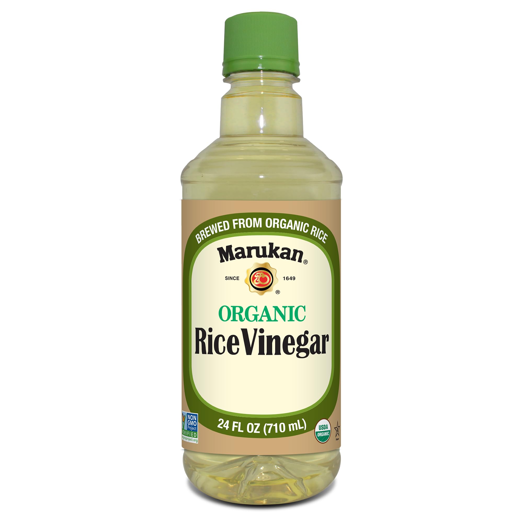 Marukan Organic Rice Vinegar bottle on shelf enhances sushi and marinades with clean flavor.