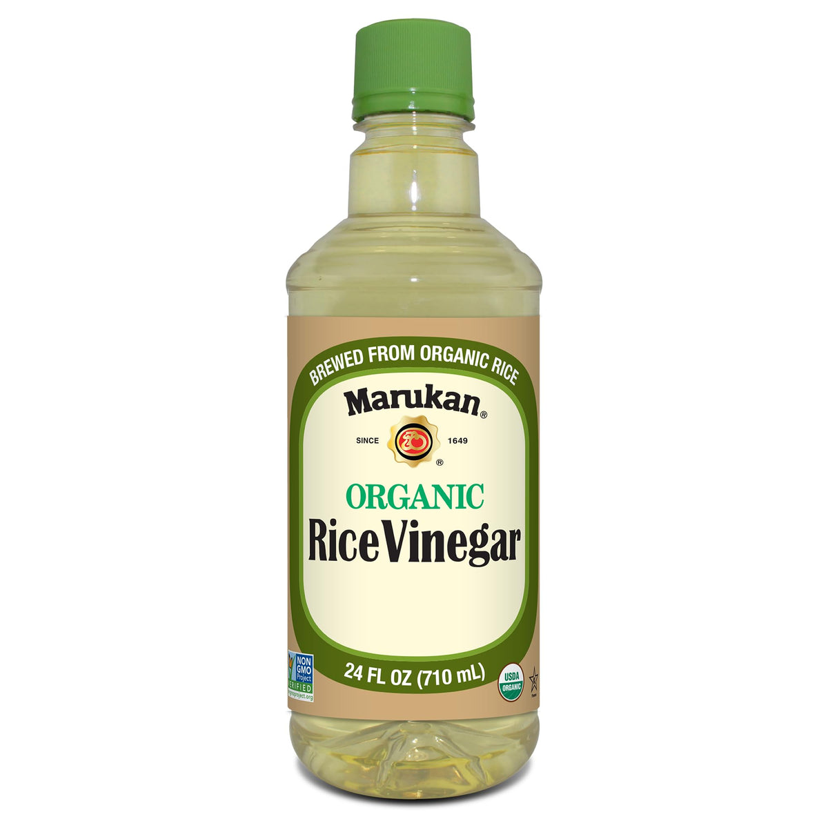 Marukan Organic Rice Vinegar bottle on shelf enhances sushi and marinades with clean flavor.