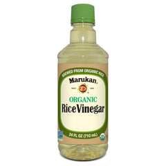 Marukan Organic Rice Vinegar bottle on shelf enhances sushi and marinades with clean flavor.