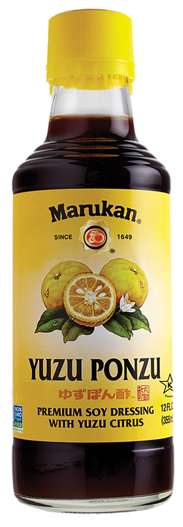Marukan Ponzu Yuzu bottle front with yellow label, ideal for marinades and sauces.