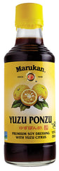 Marukan Ponzu Yuzu bottle front with yellow label, ideal for marinades and sauces.