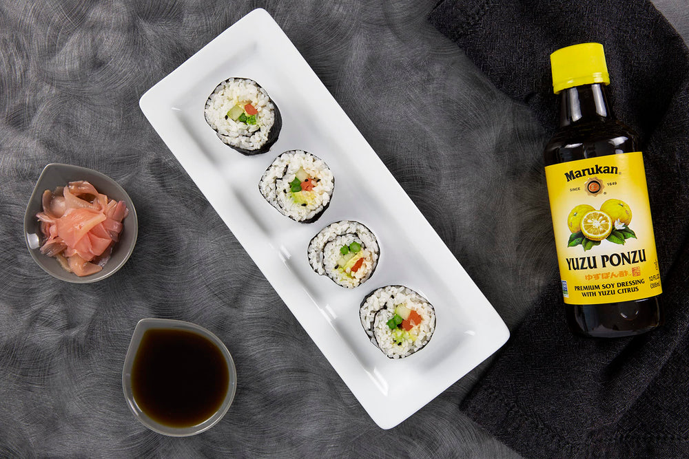 Grilled seafood with Marukan Ponzu Yuzu glaze for a citrus finish.