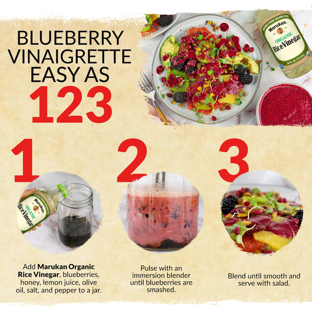 Marukan rice vinegar in a dressing bowl adds brightness to greens and proteins.