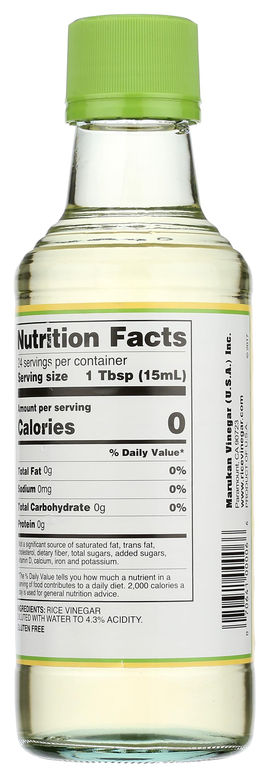 Marukan rice vinegar label highlights kosher, vegan, gluten-free qualities.