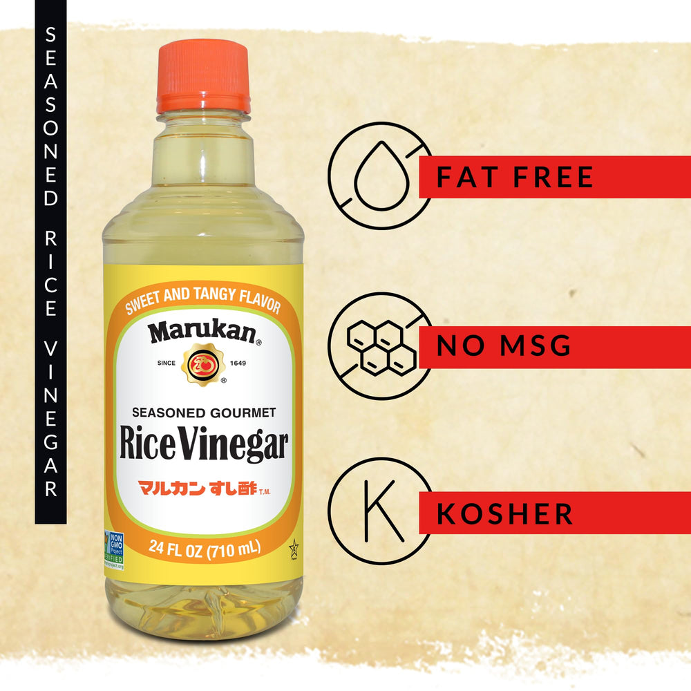 Marukan Seasoned Rice Vinegar label highlights Kosher and Gluten Free status.