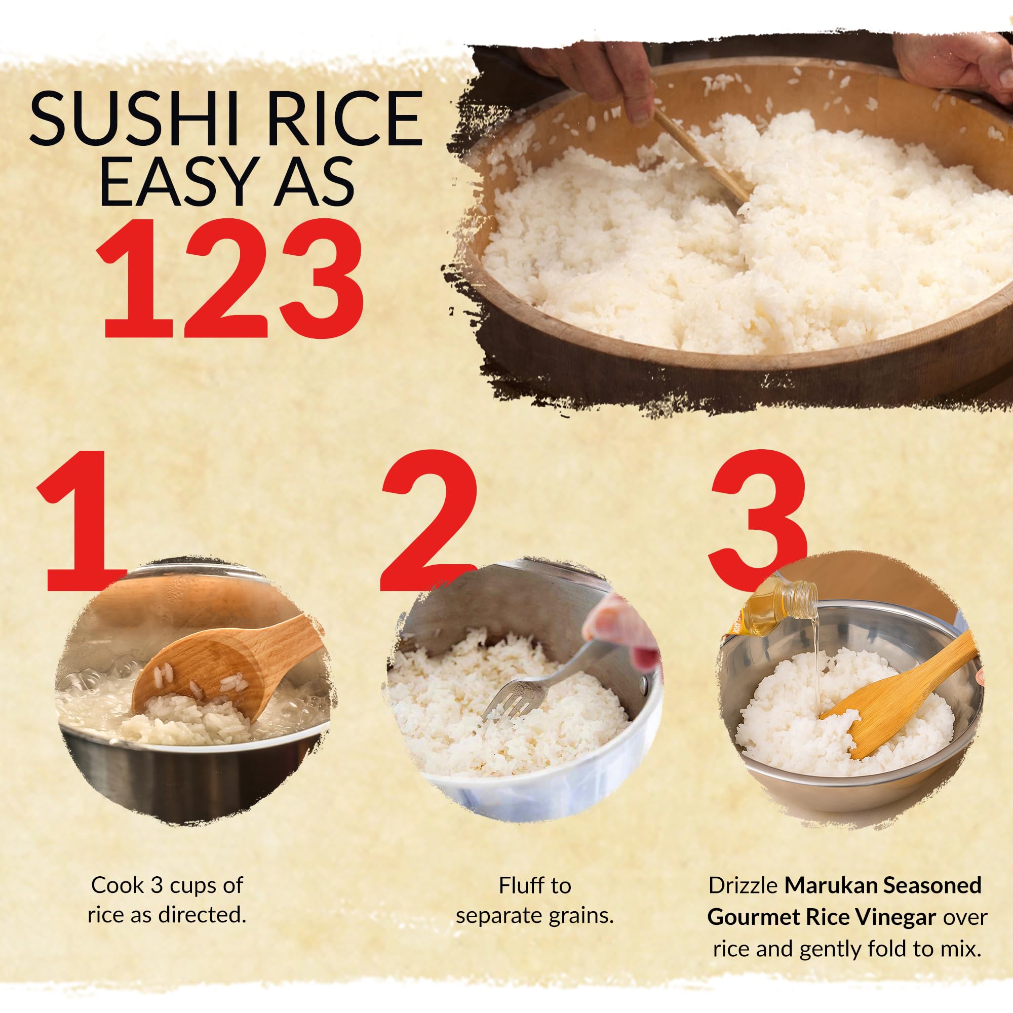 Marukan Seasoned Rice Vinegar used in sushi rice preparation for authentic texture.