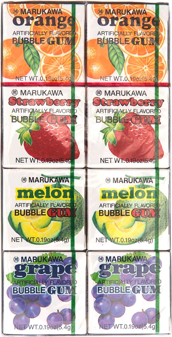 Marukawa bubble gum fruits flavor box close-up, eight fruity pieces per pack for shareable treats