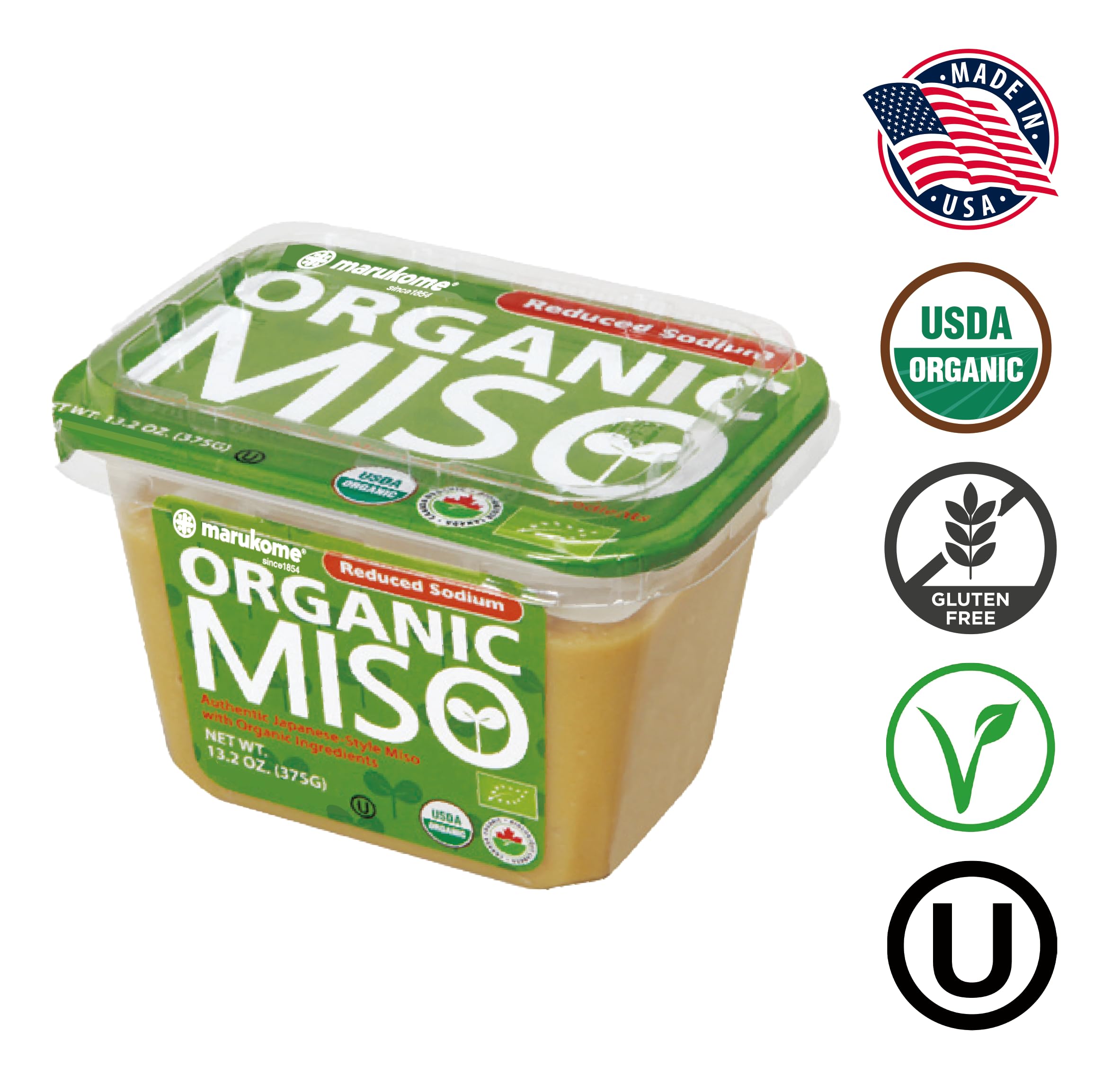 Marukome reduced-sodium miso paste tub, versatile for light soups and dressings.