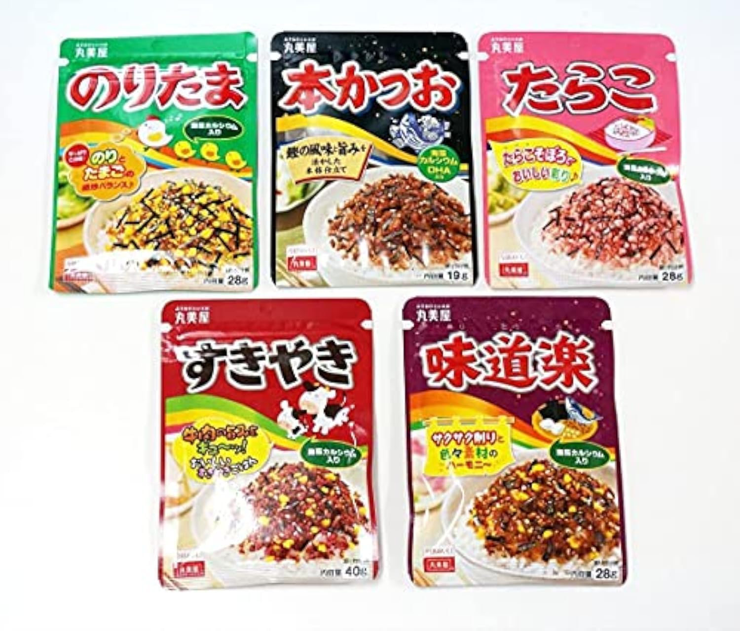 Marumiya Furikake 5-pack hero image, showcasing four flavors to elevate rice dishes