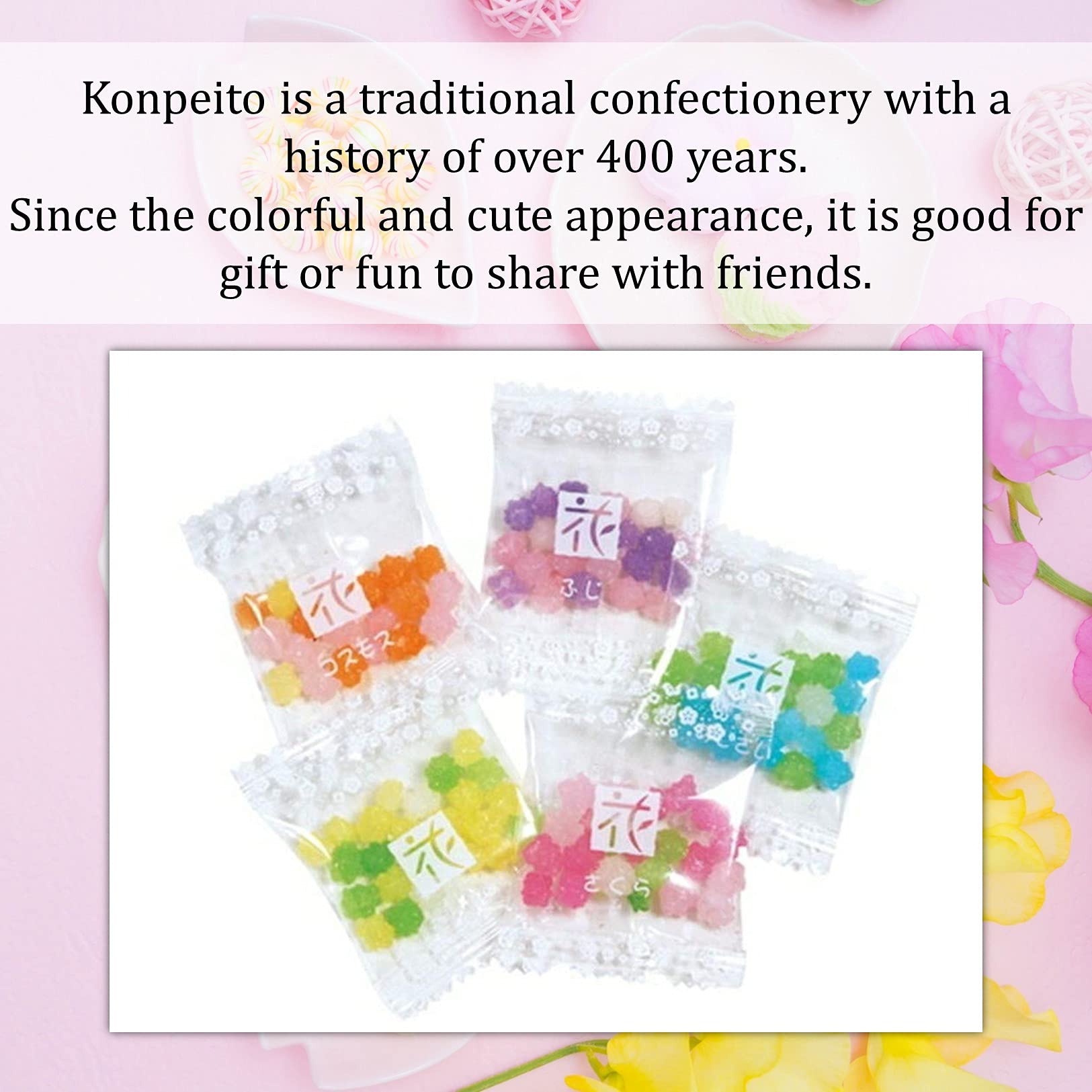 MARUTA Konpeito Hanatsume crystal colors close-up, eye-catching for celebrations.