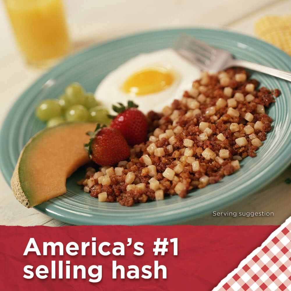 Mary Kitchen hash can close-up emphasizes quick, ready-to-heat breakfast.