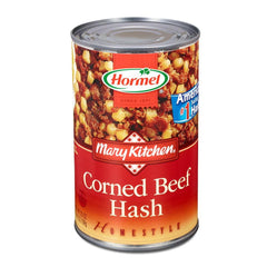 Mary Kitchen Hormel corned beef hash package highlights convenient protein-packed breakfast.